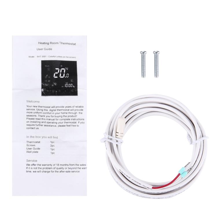 BHT-3001 16A Load Electronic Heating Type LCD Digital Heating Room Thermostat with Sensor, Display Clock / Temperature / Time / Week / Heat etc., BHT-3001 16A (Black), BHT-3001 16A (White)